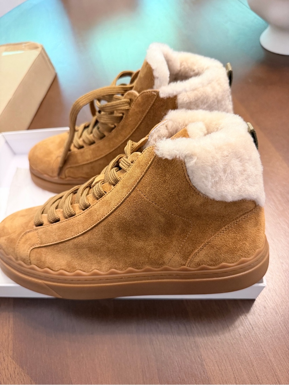 Chloe Camel Suede Shearling-Lined High-Top Winter Boot size 41 NEW